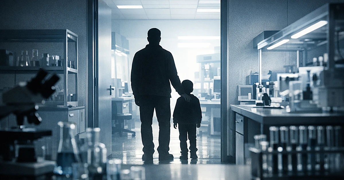 Silhouettes of adult and child standing in doorway of medical laboratory with scientific equipment visible