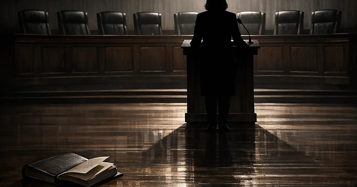 Silhouetted figure at podium facing nine empty judicial chairs with constitution book on floor
