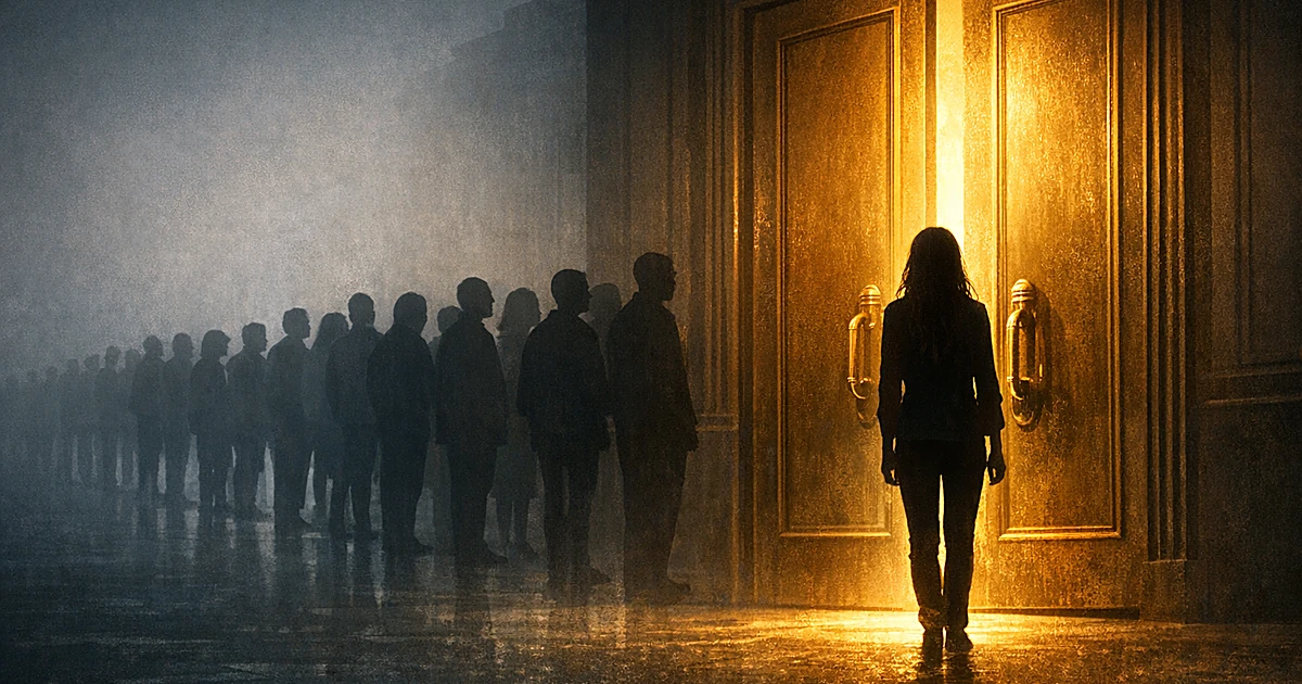 Silhouette entering golden door while crowd waits in background, illustrating privileged access versus merit-based entry