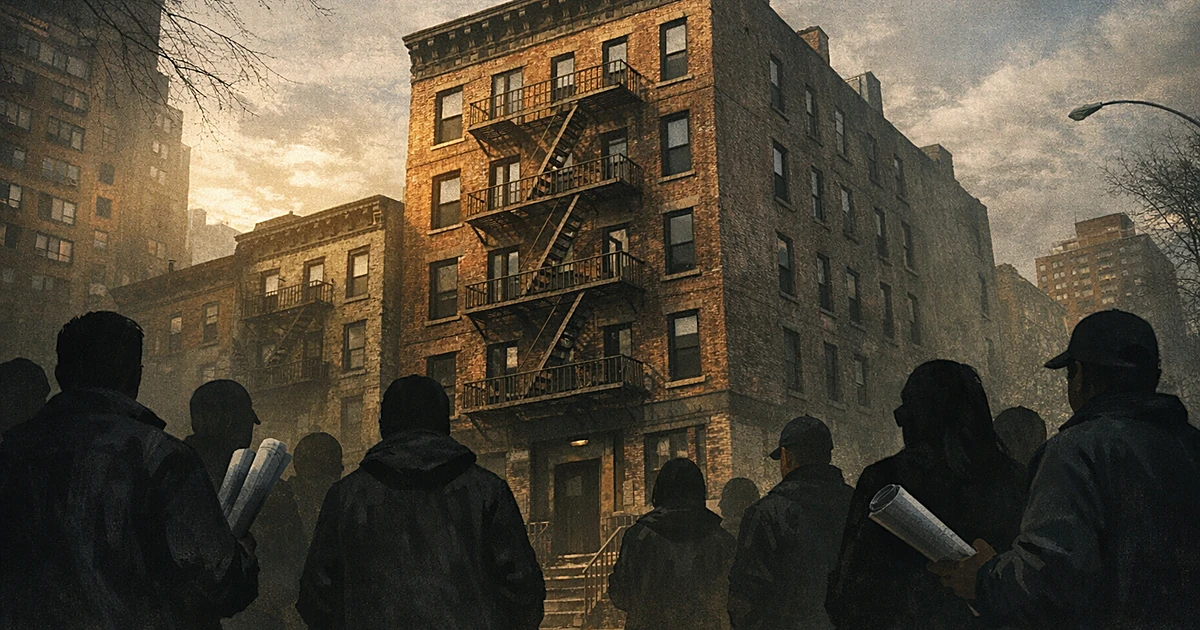 Silhouetted residents gathered from behind facing a brick apartment building on an urban street
