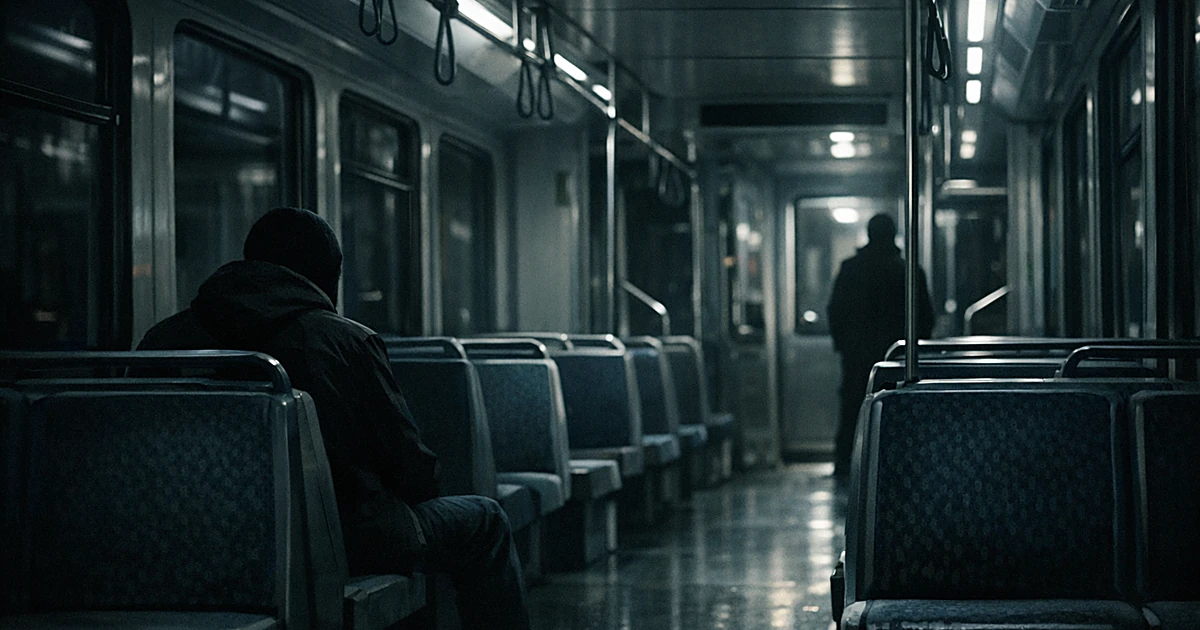 Empty light rail train car interior with rows of seats and overhead lighting in dim, somber atmosphere