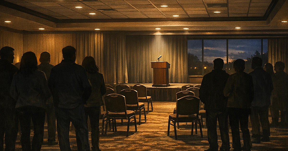 Silhouetted supporters in a sparsely attended hotel ballroom watch party, viewed from behind with empty chairs