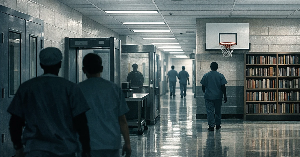 Hospital corridor with security doors, basketball hoop, and library shelves as silhouetted medical staff walk through