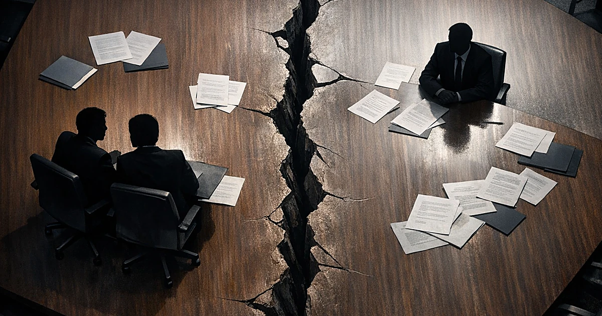 Conference table split by crack with two silhouettes on one side, single silhouette on other, representing political divide