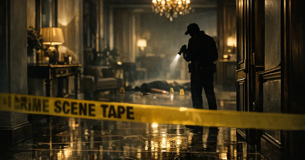 Crime scene tape across doorway of upscale home interior with investigator silhouette in background