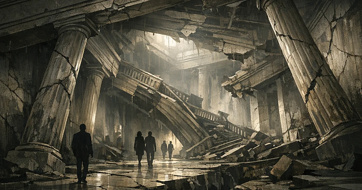 Tilted interior of classical building with cracked columns and leaning architecture, silhouetted figures in distance