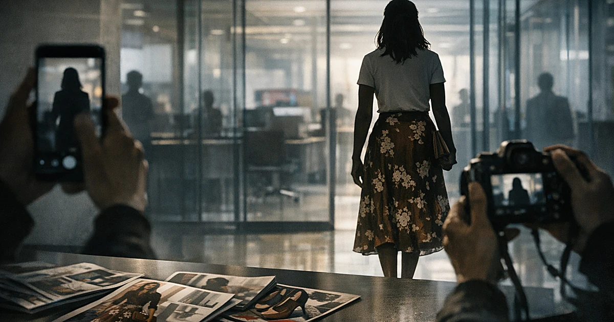 Silhouette of person in skirt surrounded by cameras and fashion magazines in modern building lobby