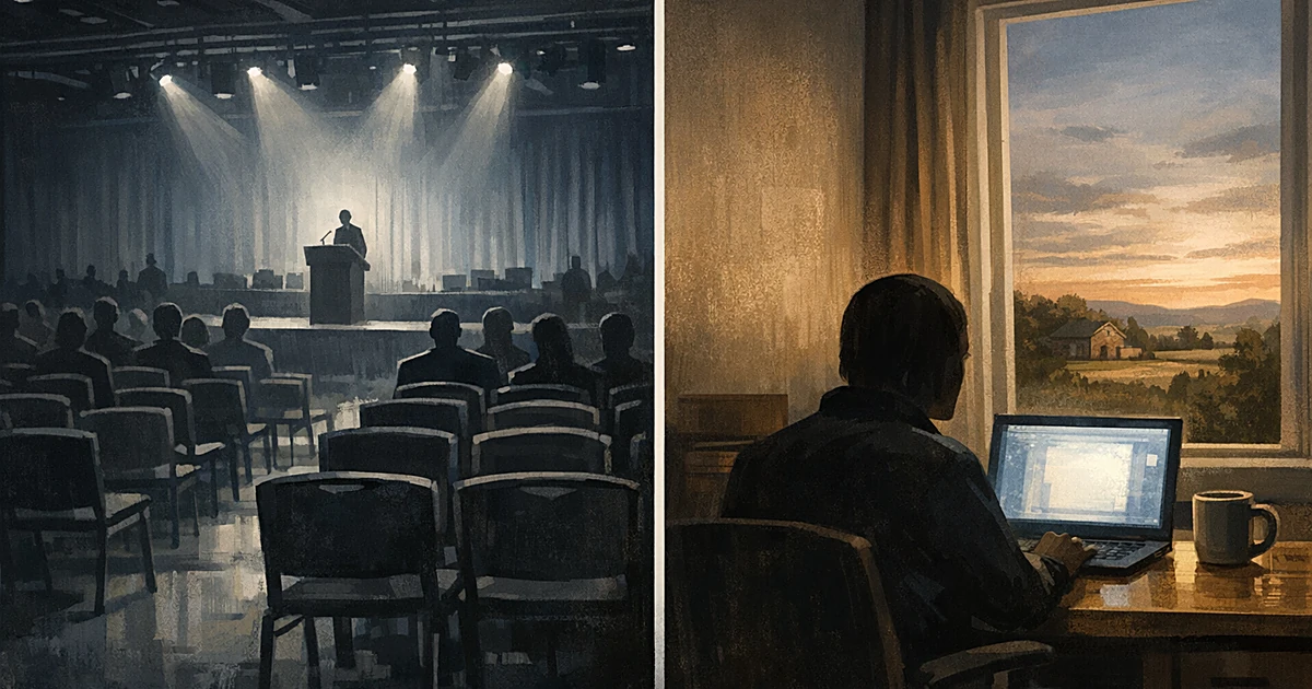 Split view of empty convention hall with chairs and podium beside home office desk with laptop and rural window view