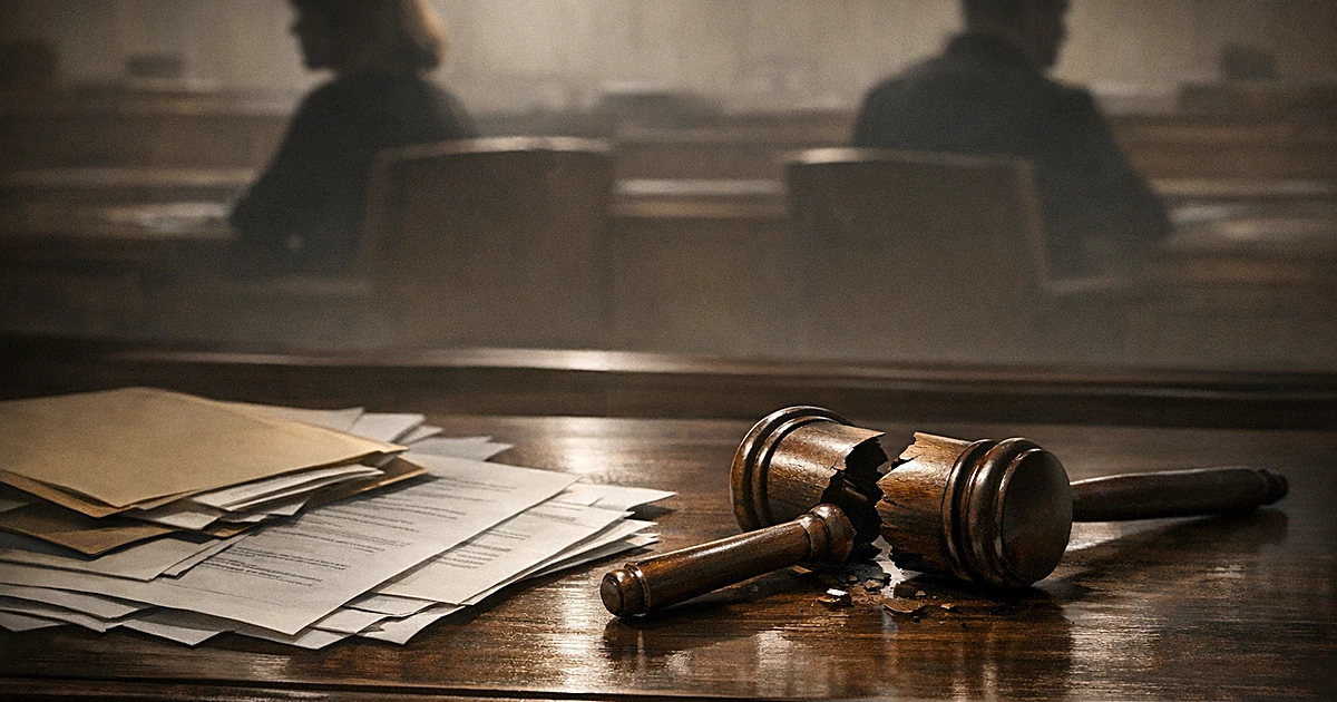 Split gavel on desk with legal documents, two distant silhouettes seated apart in courtroom setting