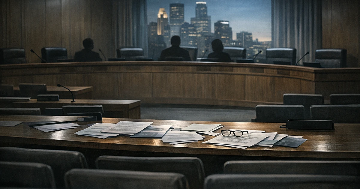 Empty Minneapolis city council chamber with curved desk and scattered documents under fluorescent lighting