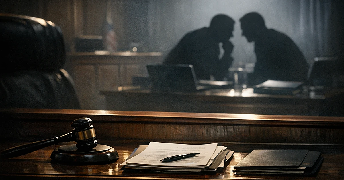 Courtroom scene with gavel on bench while two silhouetted figures confer privately in shadows behind