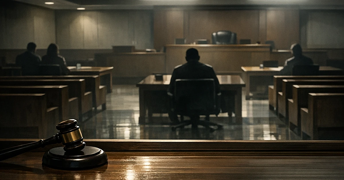 Empty courtroom with judge's bench, gavel, and gallery seating shown from behind in dramatic lighting