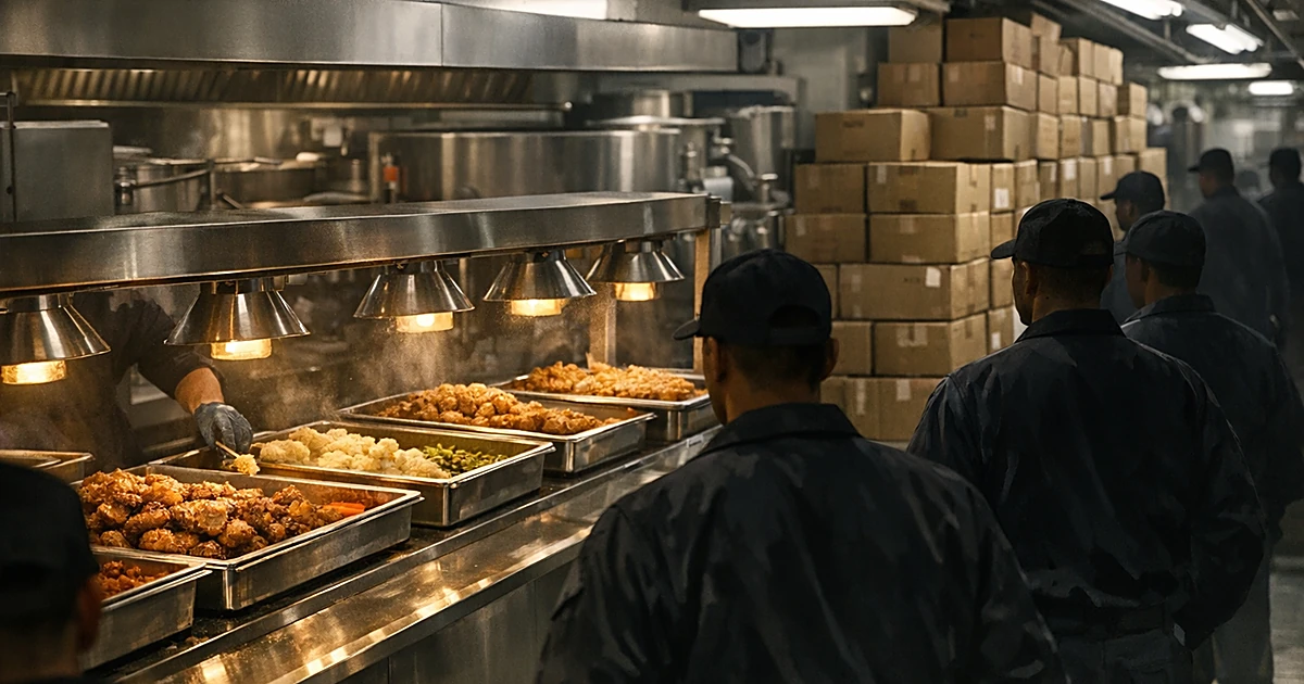Silhouetted sailors from behind in ship mess hall with full food trays and stacked supply boxes