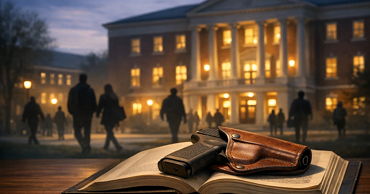 University building at dusk with silhouetted figures and firearm on law book in foreground
