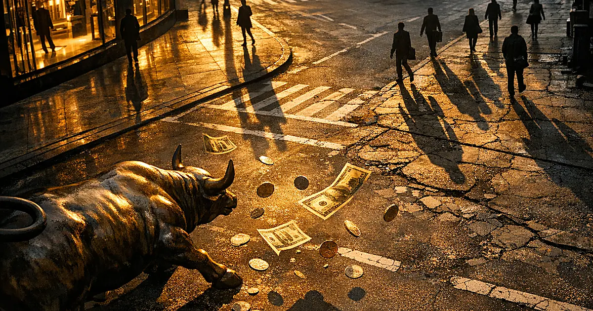 Overhead view of NYC intersection with pedestrian shadows, bronze bull statue, and airborne currency at sunset
