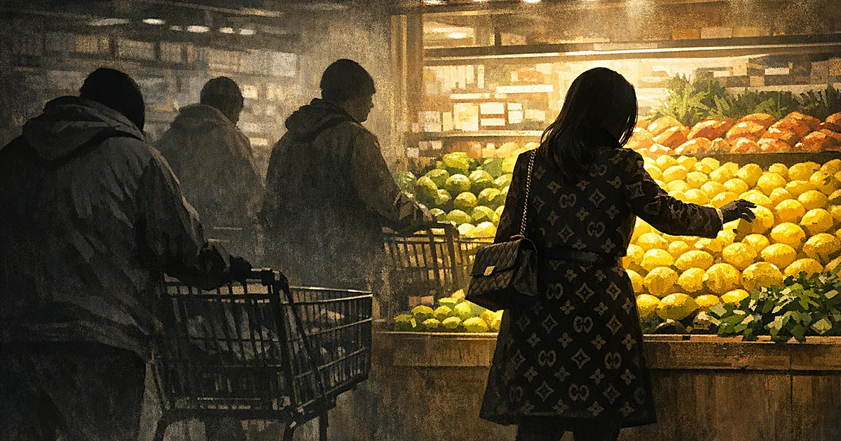 Silhouette reaching for lemons in bright grocery store while struggling shoppers navigate darker aisles behind