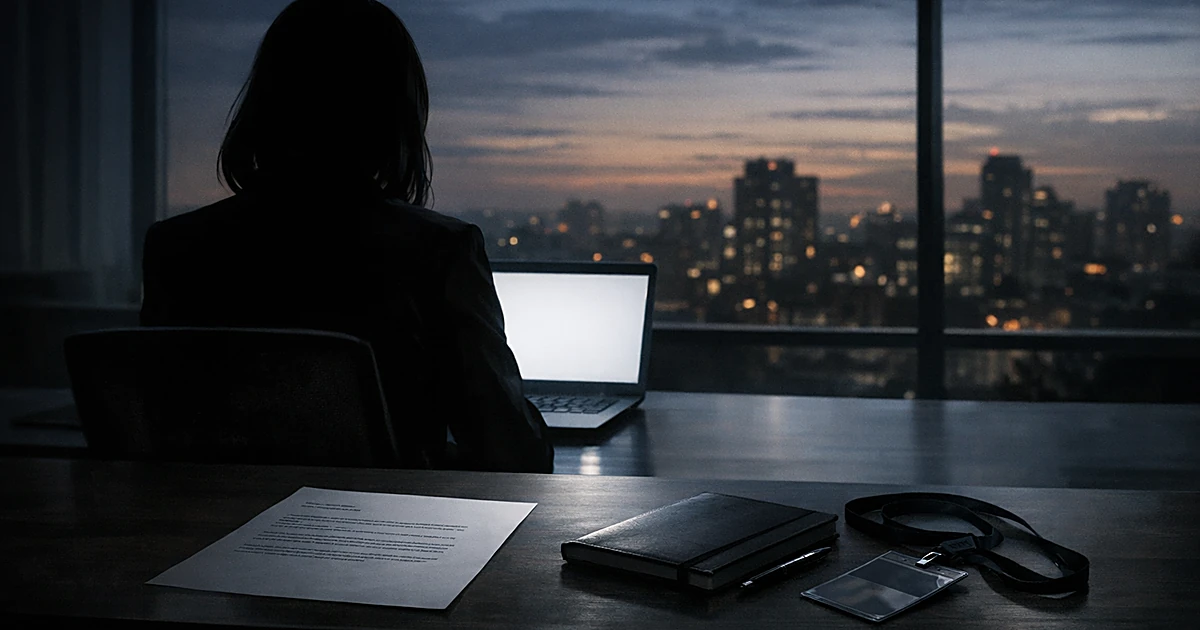 Silhouetted person at desk with laptop and resignation letter in darkened office with city skyline visible through window