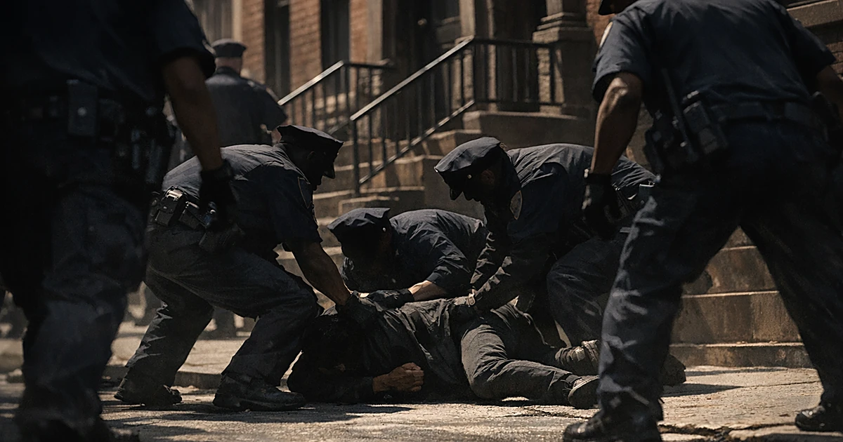 Silhouettes of police officers surrounding a person on the ground near a Brooklyn apartment building entrance