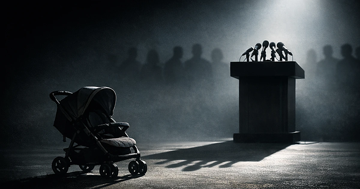 Empty podium with microphones spotlit above, abandoned baby stroller in shadow below, representing political response divide
