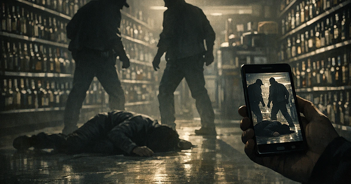 Silhouetted figures inside a liquor store, one person on floor while two others stand over them, smartphone recording