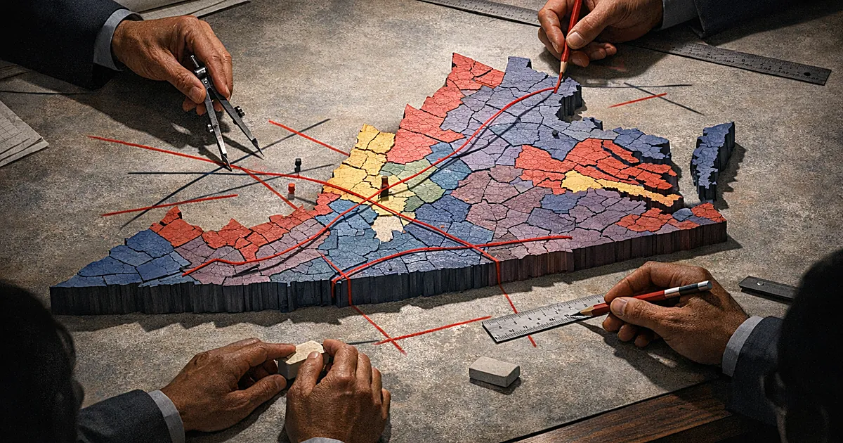 Overhead view of hands redrawing district boundaries on a three-dimensional map of Virginia's geography