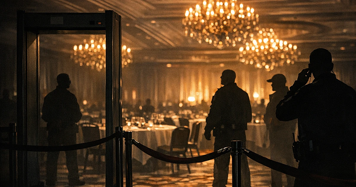 Security checkpoint with metal detector in foreground of formal hotel ballroom with silhouetted guards