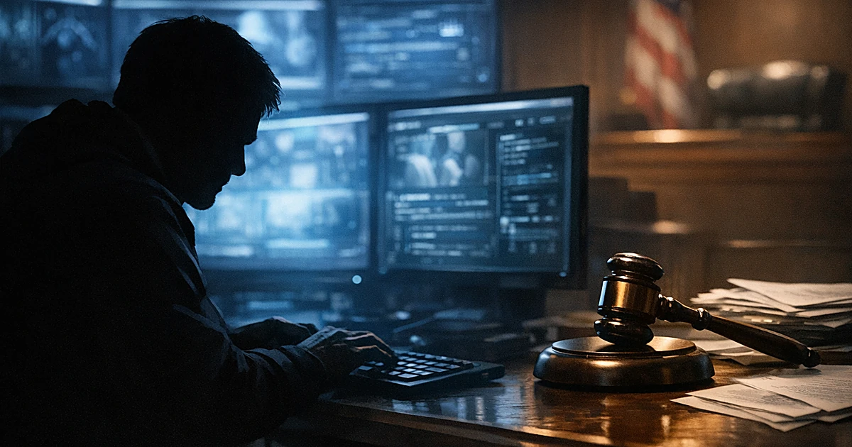 Silhouetted person at computer with AI interfaces, gavel on desk in background representing cybercrime prosecution