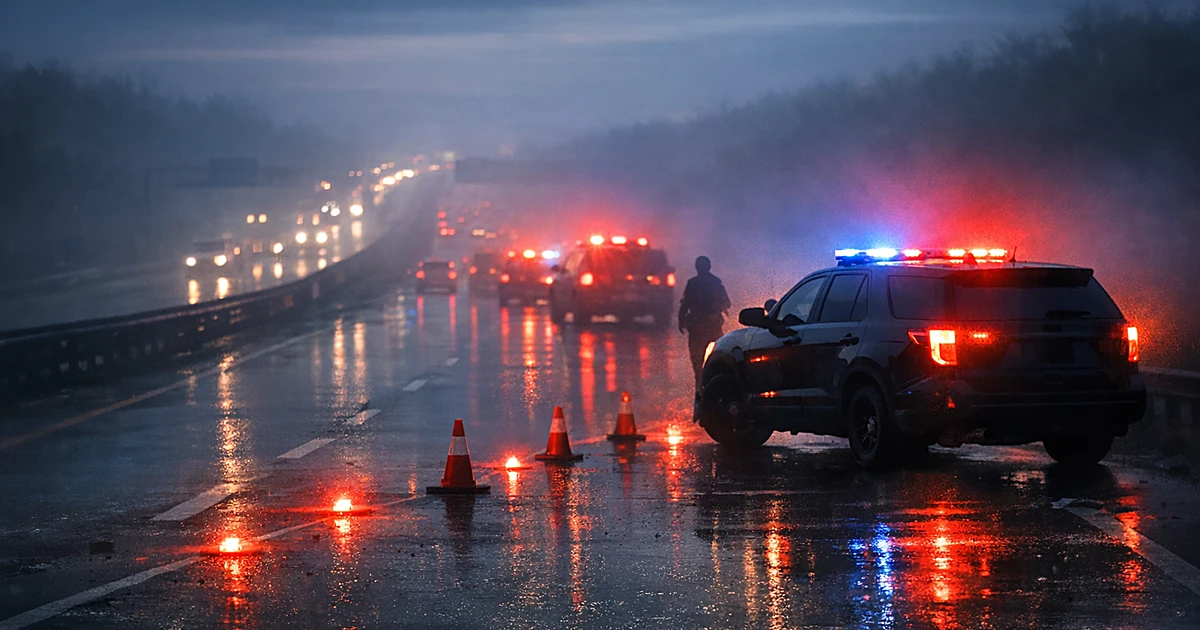 Emergency lights illuminate a misty interstate highway at dusk with patrol vehicle silhouette on shoulder