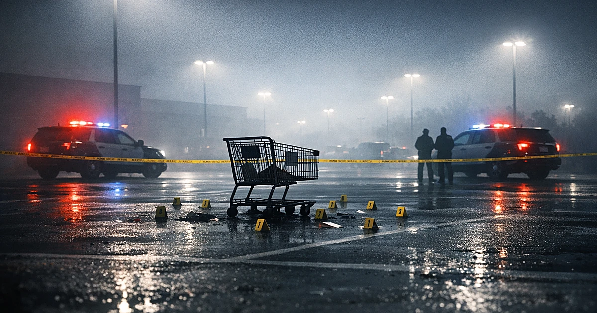 Empty parking lot with abandoned shopping cart surrounded by police tape and evidence markers at dawn