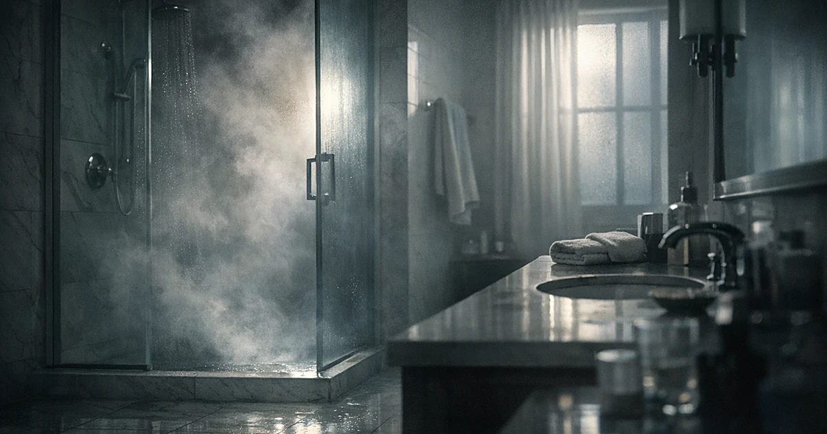 Empty bathroom with steam rising from shower stall, morning light filtering through frosted windows