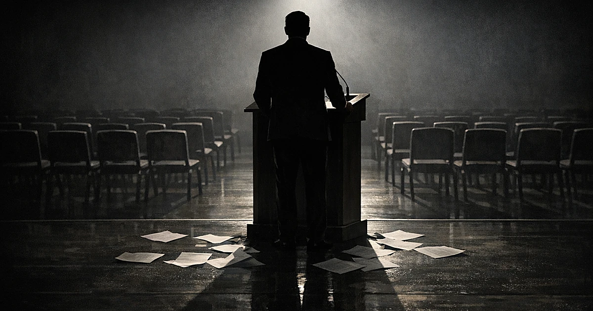 Silhouetted figure at podium in spotlight with empty chairs and scattered papers in darkened conference hall