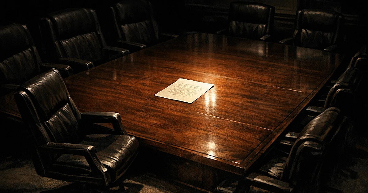 Empty Cabinet room with abandoned chairs around conference table, single illuminated document at center