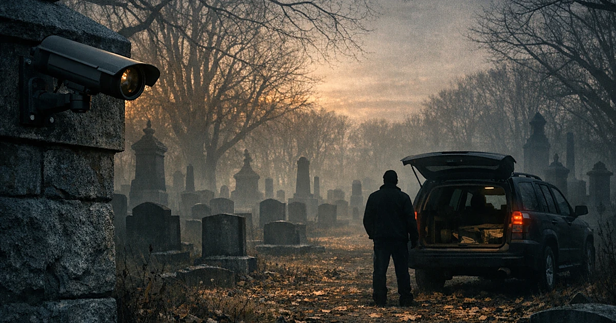 Silhouetted figure at vehicle in foggy cemetery with headstones and surveillance camera at dusk