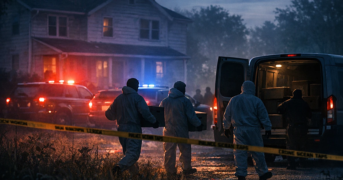 Silhouettes of investigators in protective gear removing evidence boxes from a house during a criminal investigation