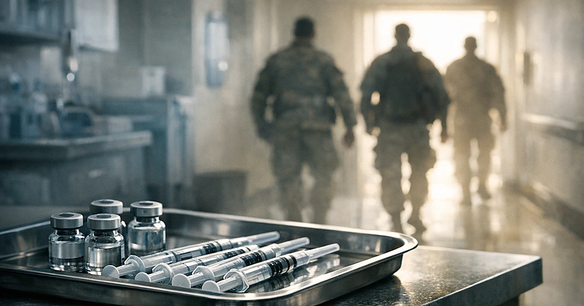 Medical tray with syringes in foreground as silhouetted service members walk away through military clinic corridor