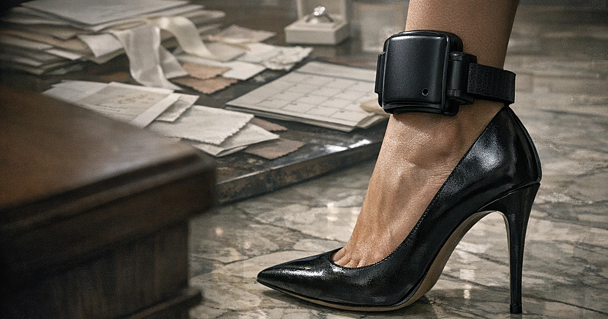 Ankle monitor on heel-wearing foot with wedding planning materials and courtroom furniture in background