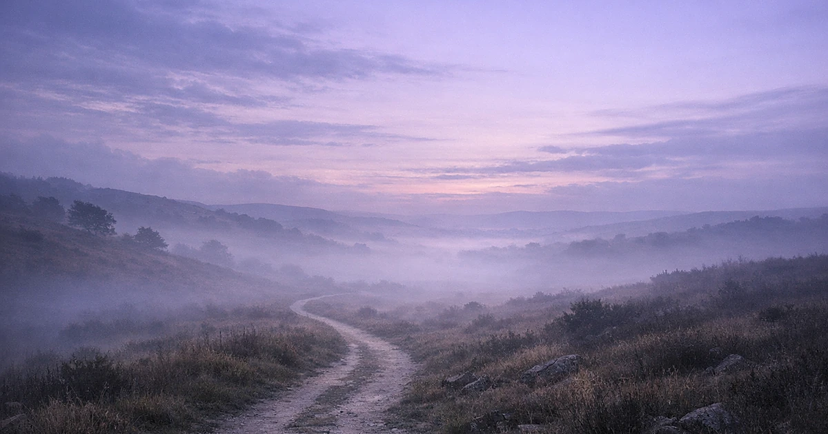 Abstract misty landscape with winding path fading into twilight horizon in soft purple and grey tones