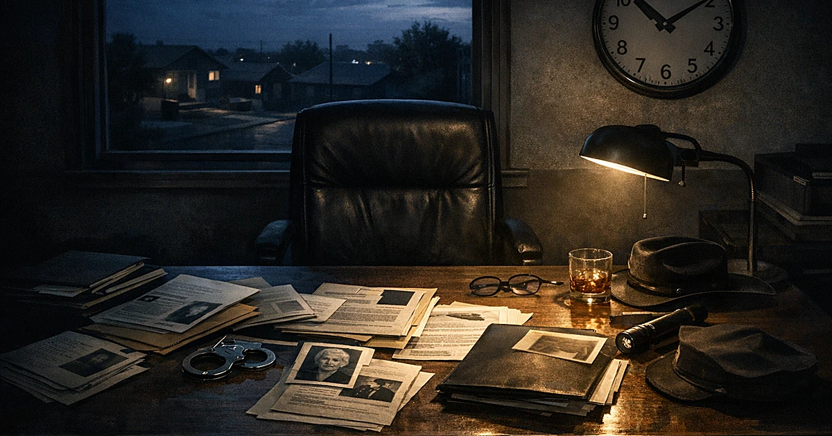 Empty sheriff's desk with scattered files overlooking residential neighborhood at twilight