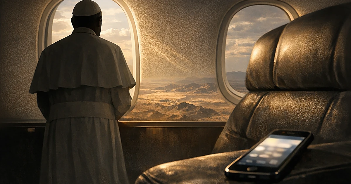 Silhouette of pope looking out airplane window with smartphone in foreground showing conflict between tradition and modern