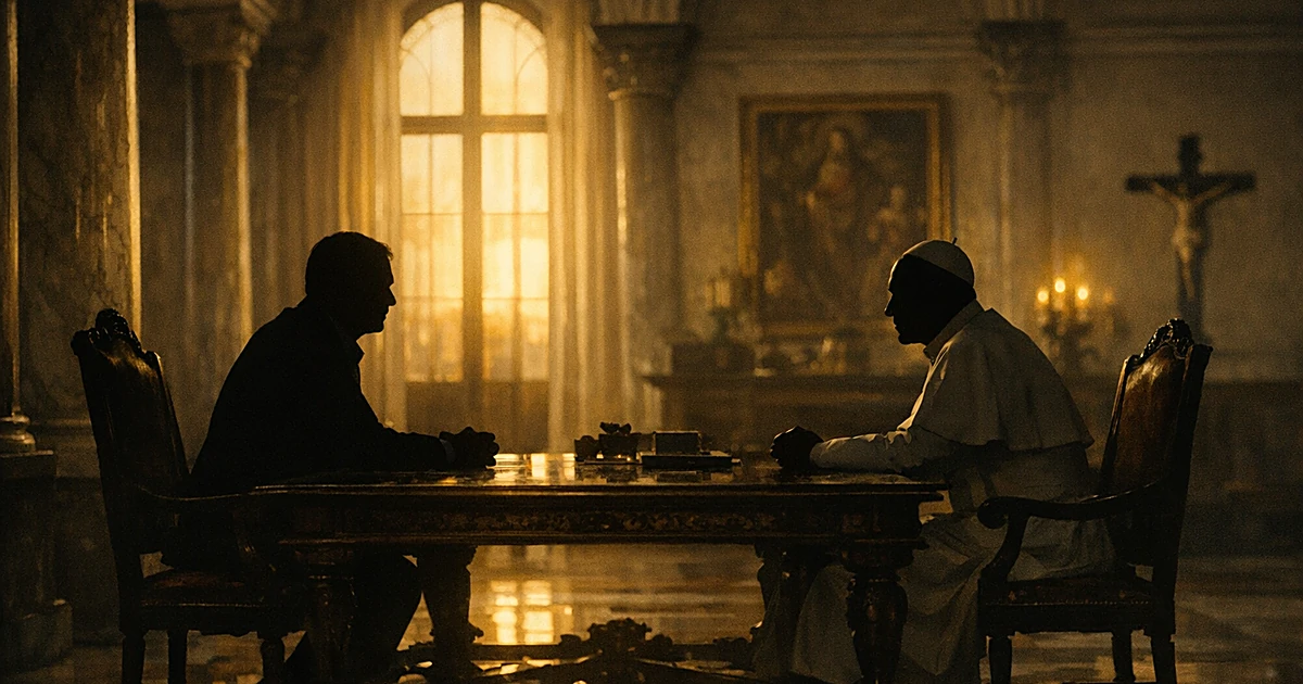 Silhouetted figures meeting at table in ornate Vatican room with arched windows and classical architecture