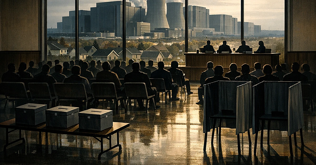 Aerial view of town meeting with silhouetted voters and large data center buildings visible through windows