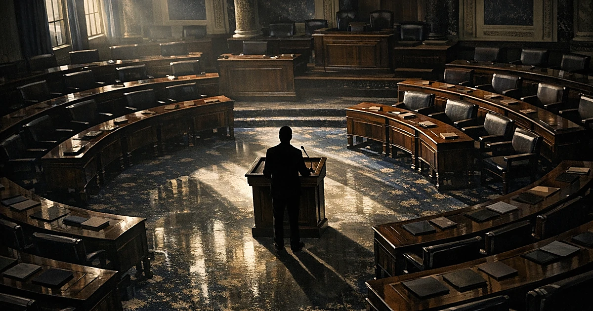Empty Senate chamber with single silhouetted figure at podium, surrounded by vacant desks in dramatic lighting