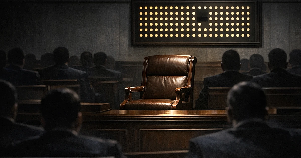 Empty congressional chair surrounded by silhouetted figures, with voting board showing gap in attendance pattern