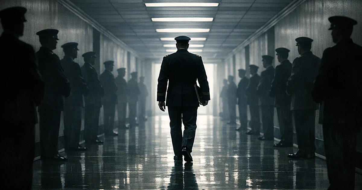 Military officer silhouette walking alone down Pentagon corridor toward exit, other uniformed figures standing at attention