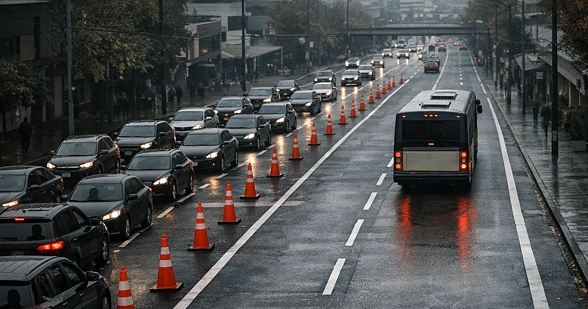 Aerial view of urban street showing dedicated bus lane separated from congested car traffic lanes by road markings