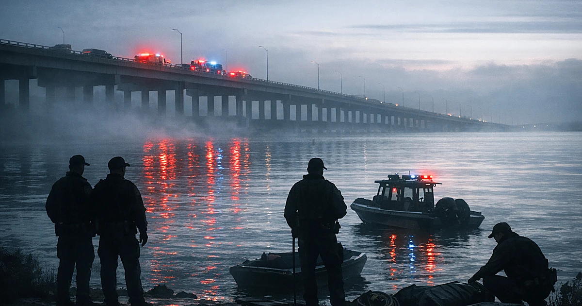 Emergency responders silhouetted near bridge over dark bay waters with vehicle lights reflecting on surface
