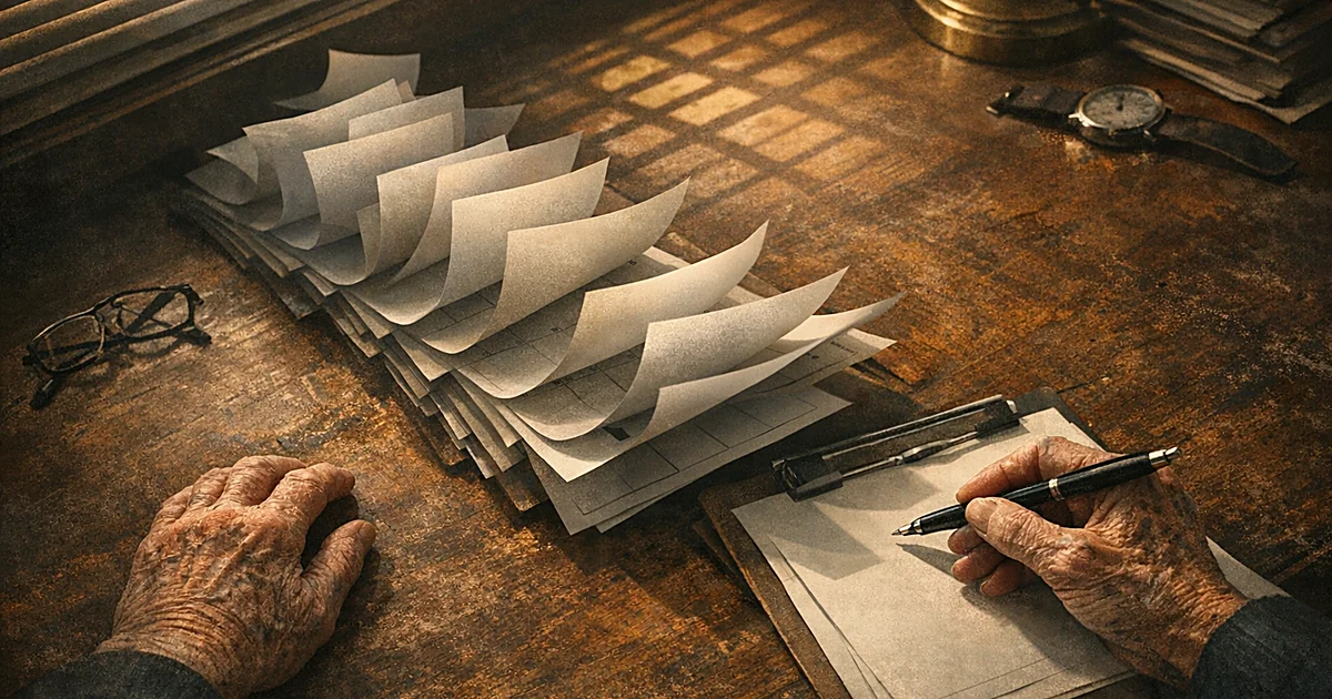 Elderly hands at desk with calendar pages showing years advancing to 2028 and 2034, pen poised over paperwork