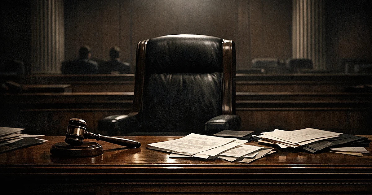 Empty judge's bench with gavel and scattered legal documents in a darkened federal courtroom