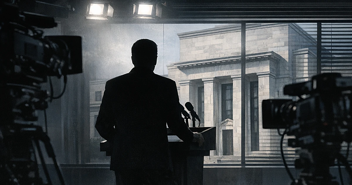 Silhouetted figure at studio podium with Federal Reserve building visible through window in background