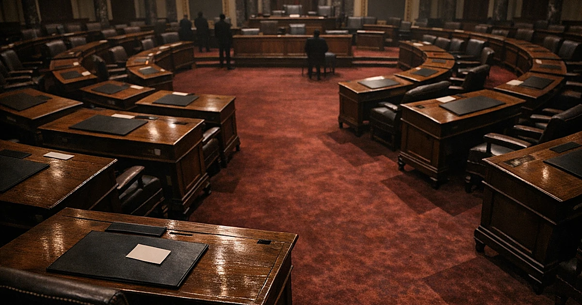 Overhead view of empty Senate chamber desks with voting card, symbolizing blocked Iran withdrawal resolution